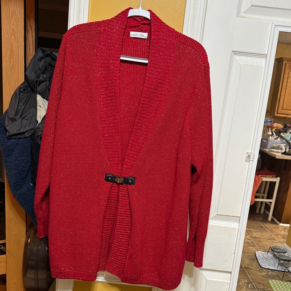 Calvin Klein 20W Red Metallic Knit Cardigan Gold Thread Black Gold Clasp Plus
